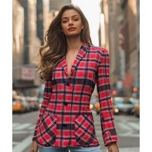 70s Triminghams Madras Plaid Blazer Size Small Red Cotton Pockets Button
